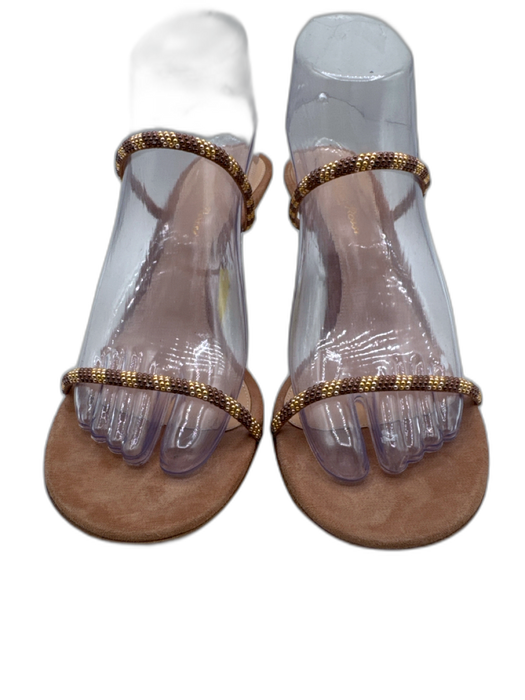 Gianvito Rossi Shoe Size 39 Brown & Gold Leather Toe Strap Beaded Low Heel Pumps Brown & Gold / 39