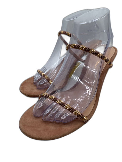Gianvito Rossi Shoe Size 39 Brown & Gold Leather Toe Strap Beaded Low Heel Pumps Brown & Gold / 39