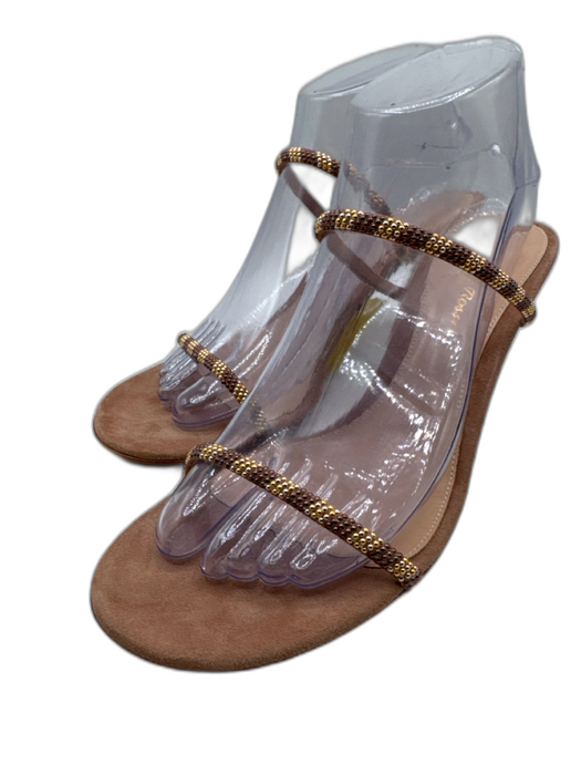 Gianvito Rossi Shoe Size 39 Brown & Gold Leather Toe Strap Beaded Low Heel Pumps Brown & Gold / 39