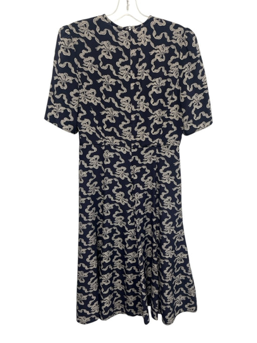 L.K. Bennett Size 6 Navy, White, Beige Silk Short Puff Sleeve Bow Dress Navy, White, Beige / 6