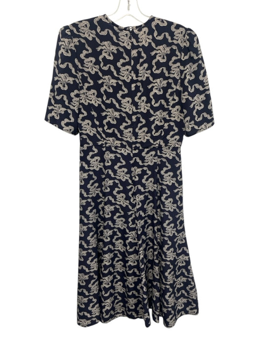 L.K. Bennett Size 6 Navy, White, Beige Silk Short Puff Sleeve Bow Dress Navy, White, Beige / 6