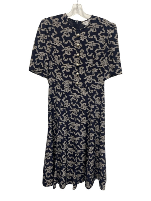 L.K. Bennett Size 6 Navy, White, Beige Silk Short Puff Sleeve Bow Dress Navy, White, Beige / 6