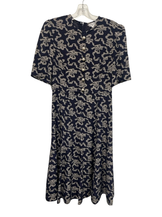 L.K. Bennett Size 6 Navy, White, Beige Silk Short Puff Sleeve Bow Dress Navy, White, Beige / 6