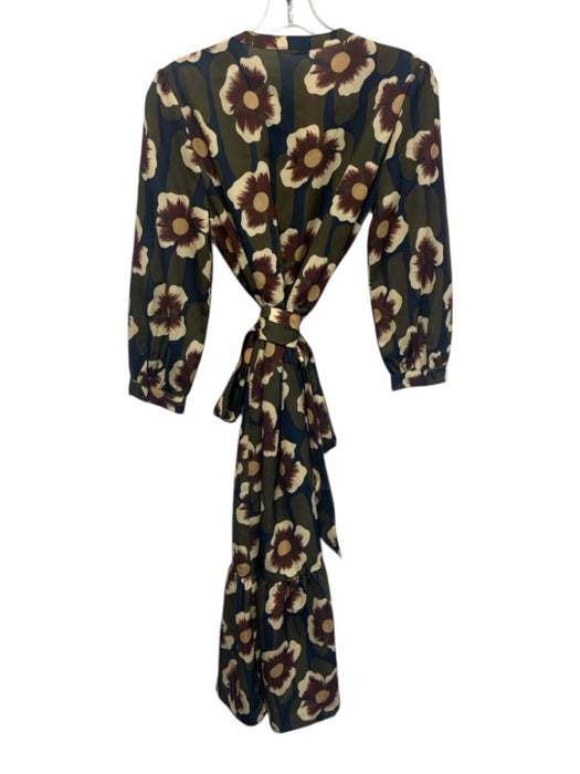 J. McLaughlin Size S Green, Blue, Brown Puff 3/4 Sleeve Floral Print Midi Dress Green, Blue, Brown / S