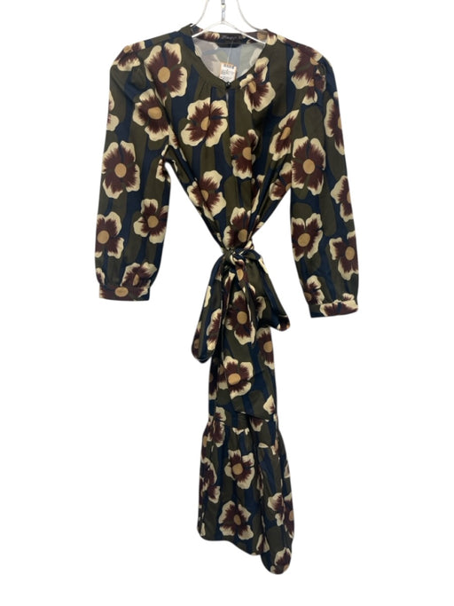 J. McLaughlin Size S Green, Blue, Brown Puff 3/4 Sleeve Floral Print Midi Dress Green, Blue, Brown / S