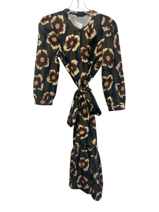 J. McLaughlin Size S Green, Blue, Brown Puff 3/4 Sleeve Floral Print Midi Dress Green, Blue, Brown / S