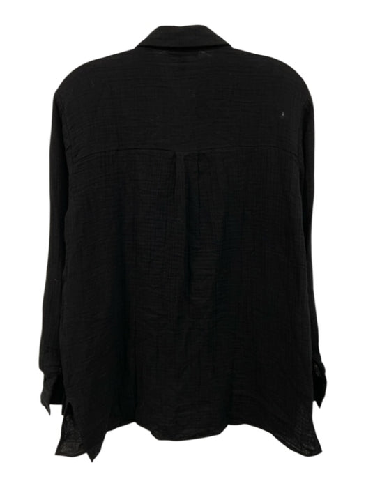 Eileen Fisher Size Small Black Cotton Long Sleeve Gauze Button Front Collar Top Black / Small