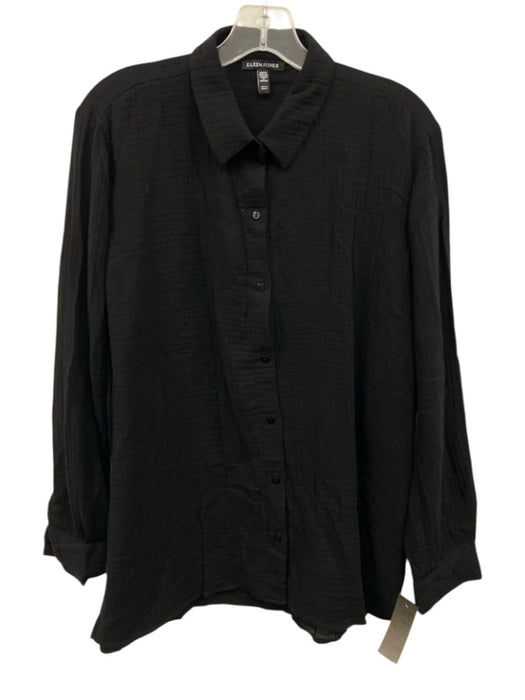 Eileen Fisher Size Small Black Cotton Long Sleeve Gauze Button Front Collar Top Black / Small