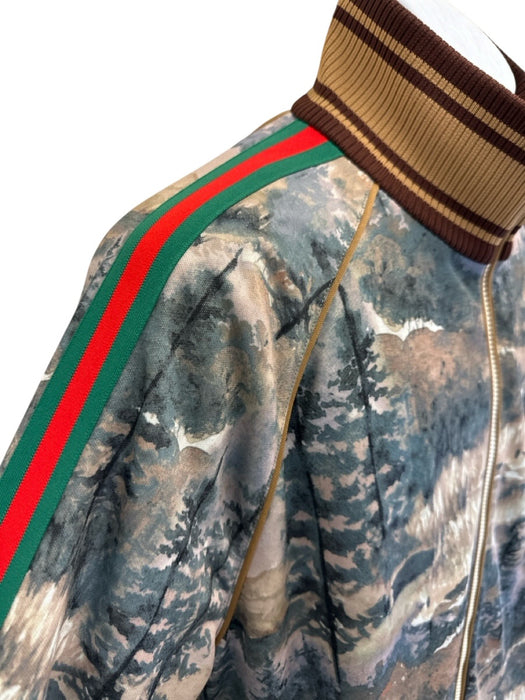 Gucci Size L Beige & Tan Print Synthetic Floral Track Zip Up Men's Jacket Beige & Tan Print / L