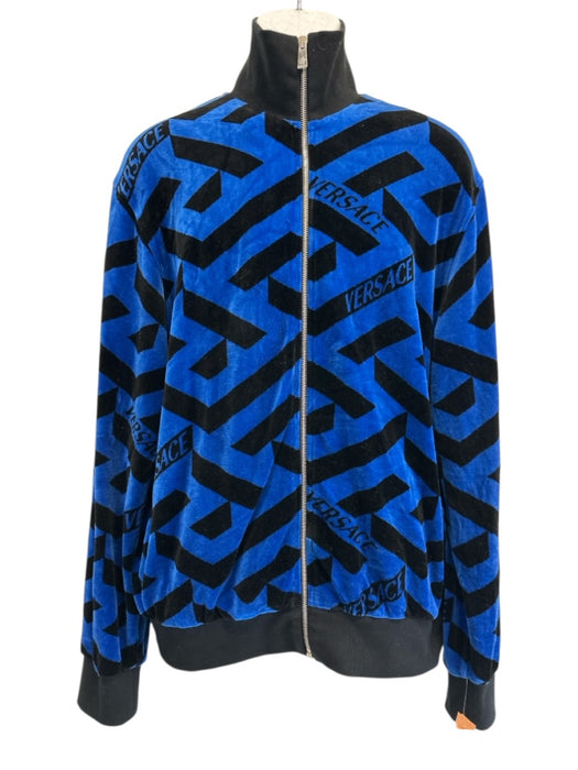 Versace Size L Black & Blue Cotton Blend Abstract Velour Track Men's Jacket Black & Blue / L