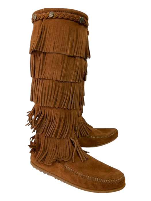 Minnetonka Shoe Size 7 Camel Brown Suede Fringe Inner Side Zip Moccasin Boots Camel Brown / 7