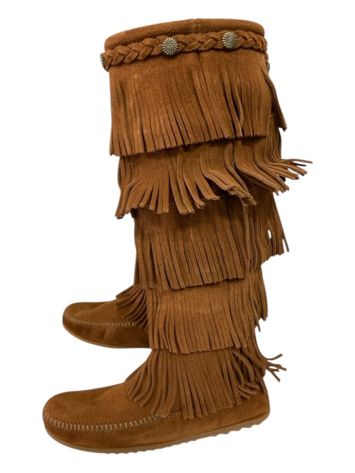 Minnetonka Shoe Size 7 Camel Brown Suede Fringe Inner Side Zip Moccasin Boots Camel Brown / 7