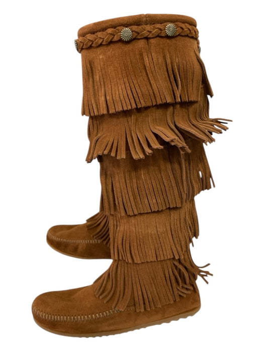 Minnetonka Shoe Size 7 Camel Brown Suede Fringe Inner Side Zip Moccasin Boots Camel Brown / 7