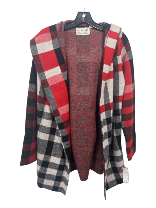 Field Flower Size XS Red, Gray & Black Wool Hood Open Front Checkered Cardigan Red, Gray & Black / XS