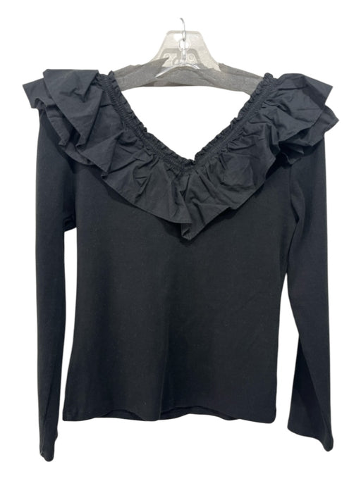 Maeve Size Small Black Cotton Boat Neck Ruffled Collar Ribbed Long Sleeve Top Black / Small