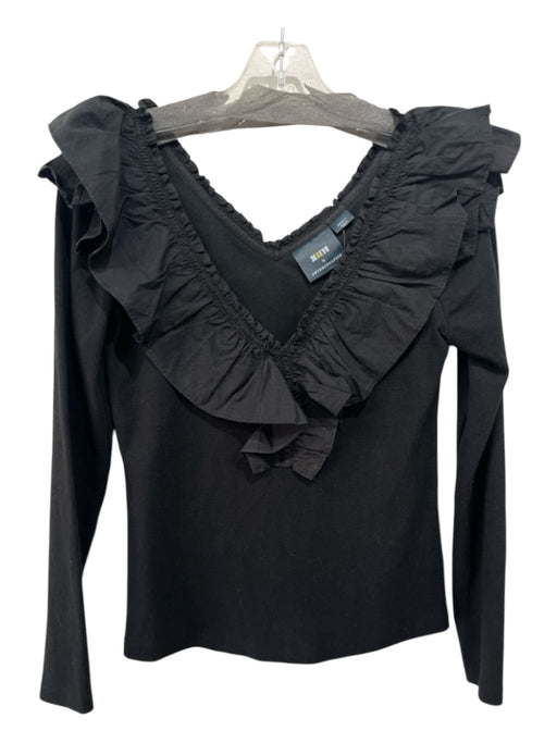 Maeve Size Small Black Cotton Boat Neck Ruffled Collar Ribbed Long Sleeve Top Black / Small