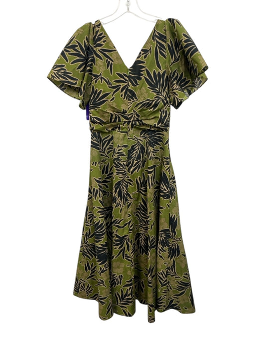 Tanya Taylor Size 2 Green, Black, Beige Cotton Ruffle Cap Sleeve V Neck Dress Green, Black, Beige / 2