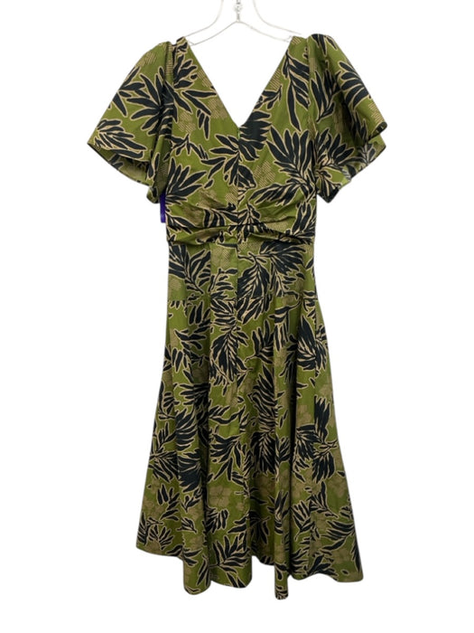 Tanya Taylor Size 2 Green, Black, Beige Cotton Ruffle Cap Sleeve V Neck Dress Green, Black, Beige / 2