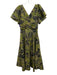 Tanya Taylor Size 2 Green, Black, Beige Cotton Ruffle Cap Sleeve V Neck Dress Green, Black, Beige / 2