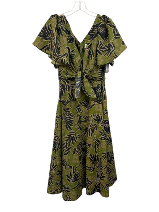 Tanya Taylor Size 2 Green, Black, Beige Cotton Ruffle Cap Sleeve V Neck Dress Green, Black, Beige / 2