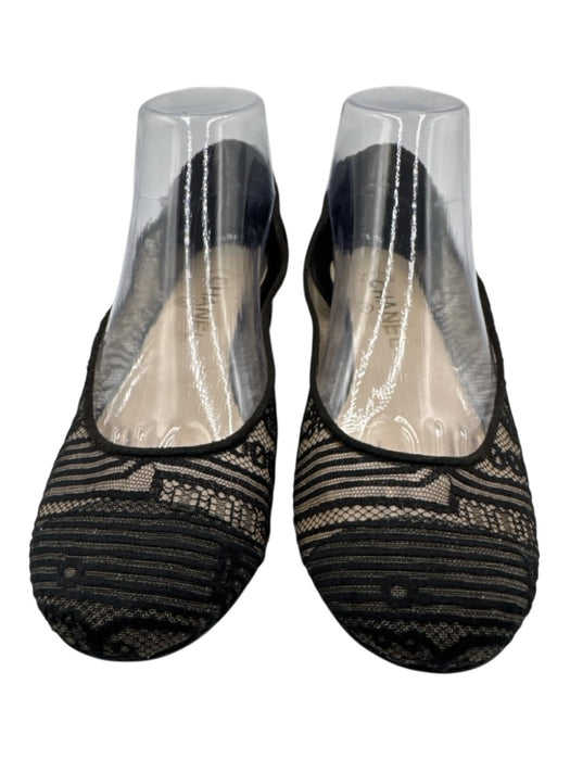 Chanel Shoe Size 38.5 Black Leather & Textile Round Toe Lace Faux Pearl Flats Black / 38.5