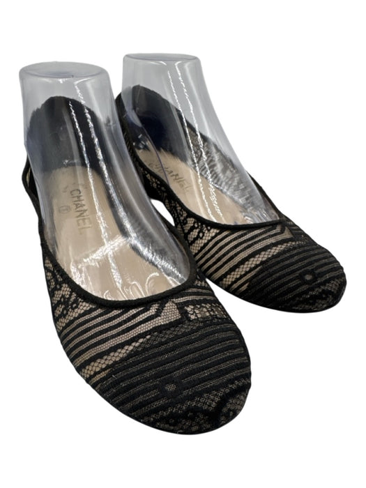Chanel Shoe Size 38.5 Black Leather & Textile Round Toe Lace Faux Pearl Flats Black / 38.5