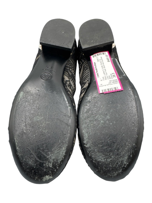 Chanel Shoe Size 38.5 Black Leather & Textile Round Toe Lace Faux Pearl Flats Black / 38.5