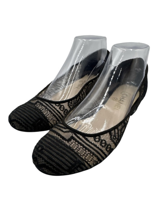 Chanel Shoe Size 38.5 Black Leather & Textile Round Toe Lace Faux Pearl Flats Black / 38.5
