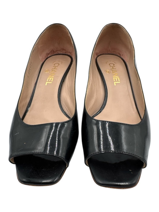 Chanel Shoe Size 38 Black Patent Leather Peep Toe Square Toe Tapered Heel Pumps Black / 38