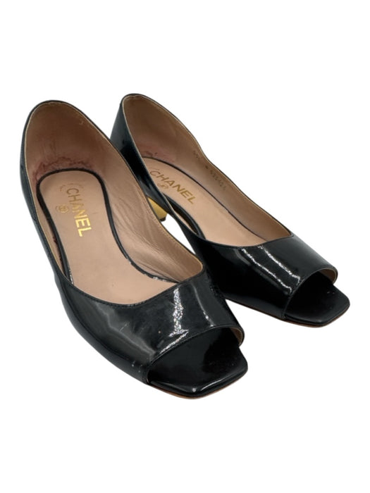 Chanel Shoe Size 38 Black Patent Leather Peep Toe Square Toe Tapered Heel Pumps Black / 38