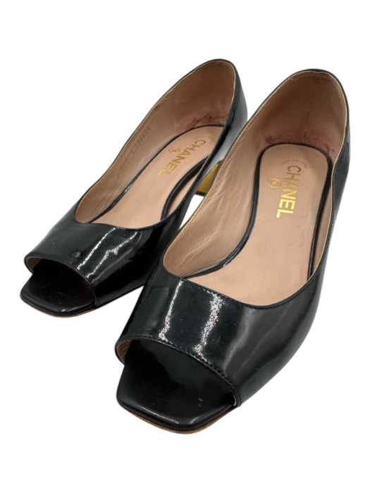 Chanel Shoe Size 38 Black Patent Leather Peep Toe Square Toe Tapered Heel Pumps Black / 38