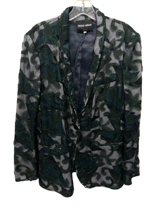 Giorgio Armani Size 48 Green & Navy Silk & Linen Crochet Lace Abstract Jacket Green & Navy / 48