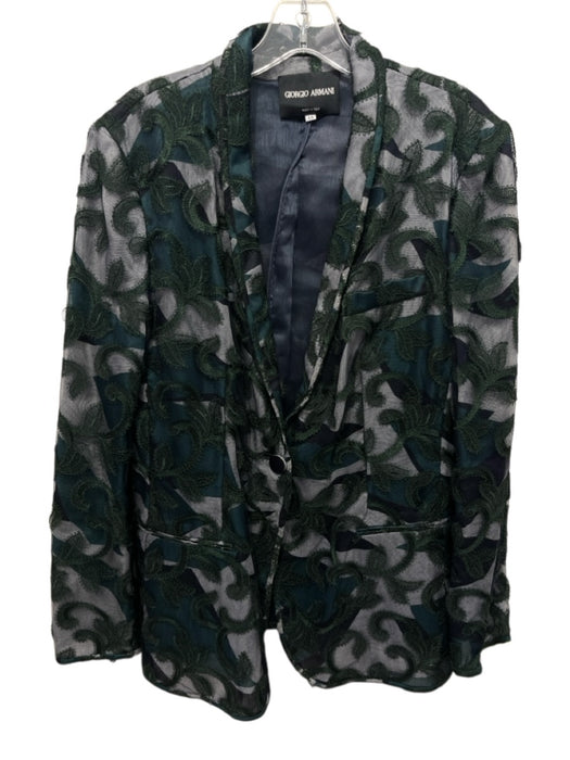 Giorgio Armani Size 48 Green & Navy Silk & Linen Crochet Lace Abstract Jacket Green & Navy / 48