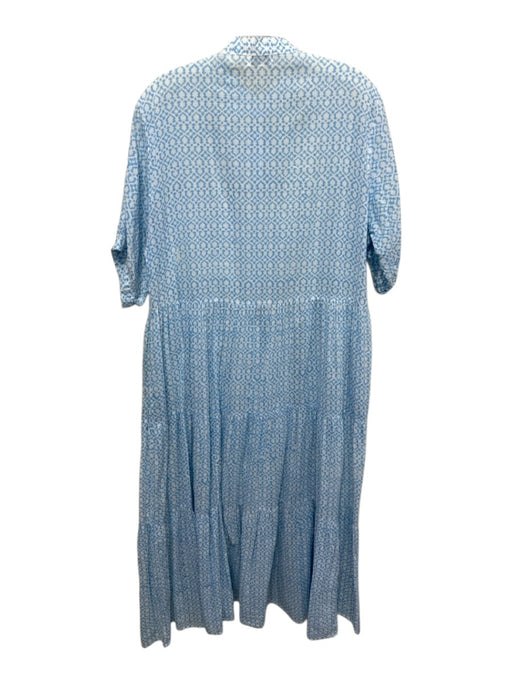 Becasa Size L/XL White & Blue Polyester Abstract Button Down Short Sleeve Dress White & Blue / L/XL
