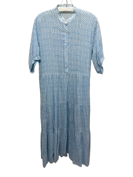 Becasa Size L/XL White & Blue Polyester Abstract Button Down Short Sleeve Dress White & Blue / L/XL