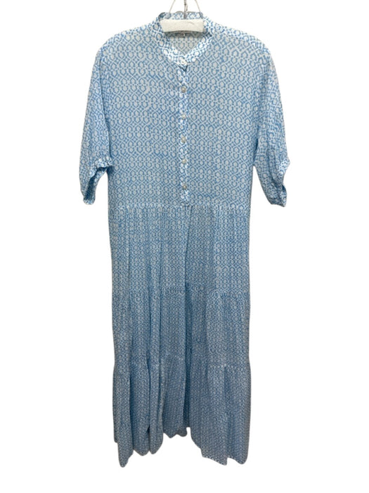 Becasa Size L/XL White & Blue Polyester Abstract Button Down Short Sleeve Dress White & Blue / L/XL