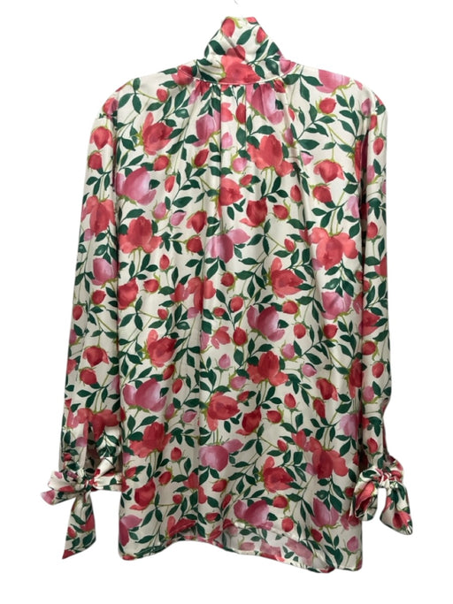 Ann Mashburn Size M Cream, Pink & Green Silk Botanical Print Long Sleeve Top Cream, Pink & Green / M