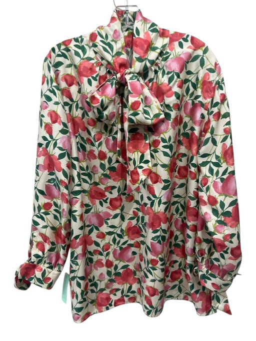 Ann Mashburn Size M Cream, Pink & Green Silk Botanical Print Long Sleeve Top Cream, Pink & Green / M