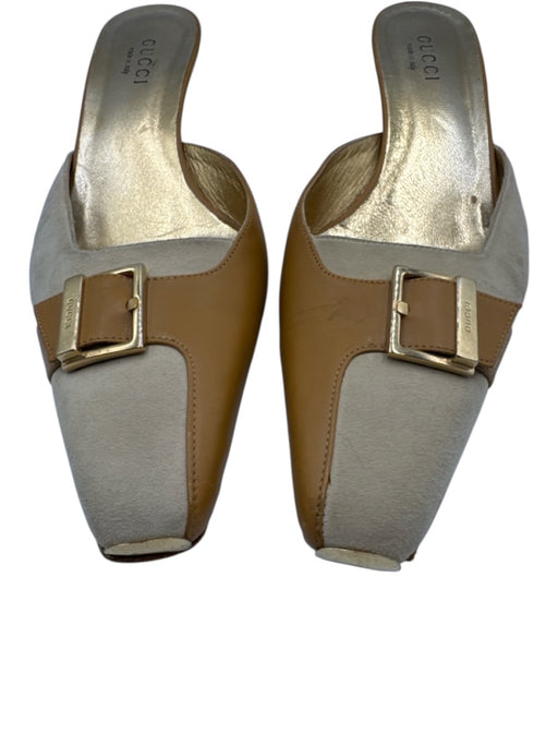 Gucci Shoe Size 11 Tan & cream Leather Suede Kitten Heel Buckle Vintage Mules Tan & cream / 11