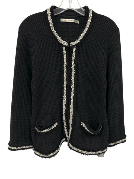 Alice + Olivia Size XL Black & White Cotton Blend Waffle Knit Beaded Trim Jacket Black & White / XL