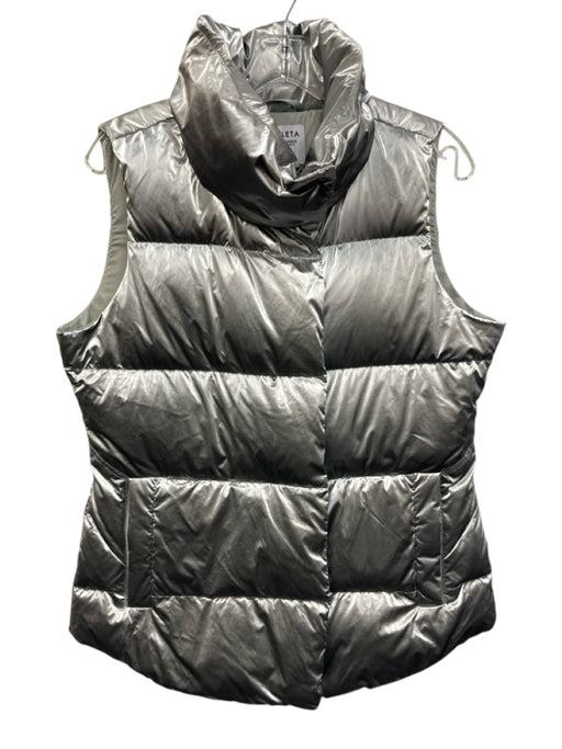 Athleta Size M Silver Nylon Metallic Zip & Snap Button Front Quilted Puffer Vest Silver / M