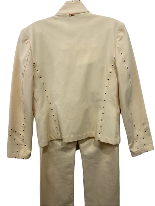 St John Sport Size P/2 Butter Yellow Cotton Studded Front Zip Collar Pant Set