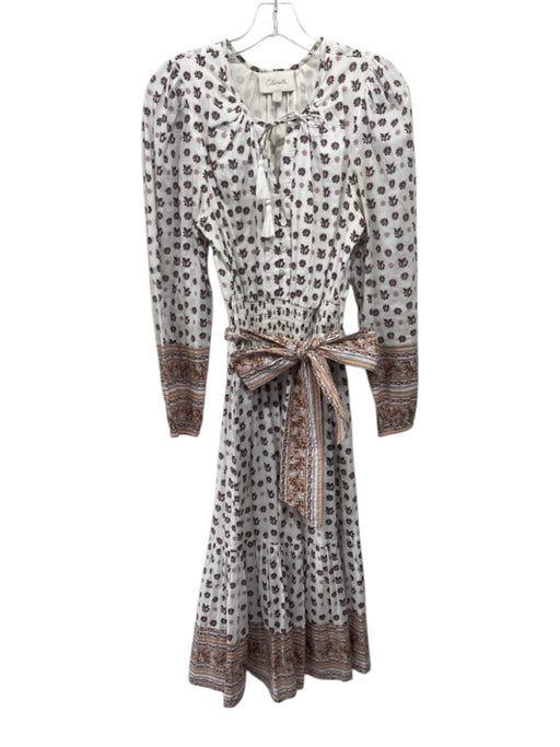 Cleobella Size S White, Brown, Pink Cotton Long Sleeve Floral Print Midi Dress White, Brown, Pink / S