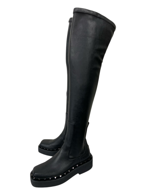 Valentino Shoe Size 40 Black Leather Lug Sole Studded Knee High Pull On Boots Black / 40