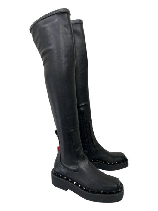 Valentino Shoe Size 40 Black Leather Lug Sole Studded Knee High Pull On Boots Black / 40