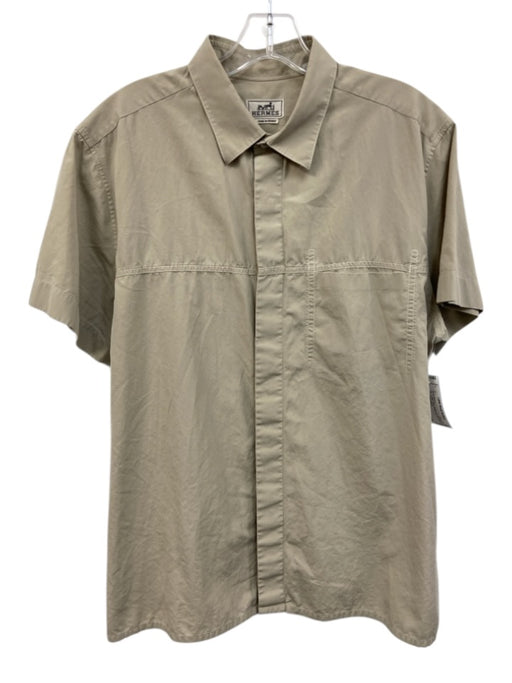 Hermes Size 16 Tan Cotton Solid Button Up front pocket Men's Short Sleeve Tan / 16