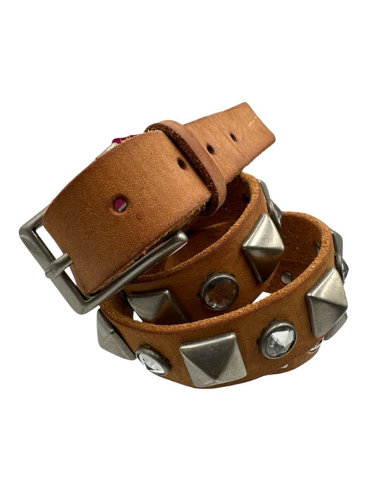 Linea Pelle Silver & Brown Leather Buckle Studded Crystal Belts Silver & Brown / Large