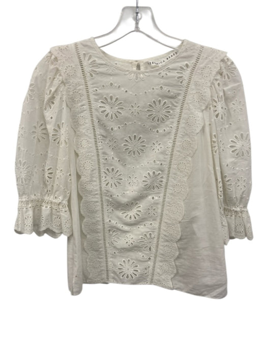 Veronica Beard Size 2 White Cotton Keyhole Back Eyelet Half Sleeve Top White / 2