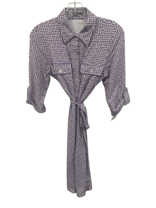 J Mclaughlin Size XS Purple & White Nylon Blend Tie Belt Printed Collared Dress Purple & White / XS