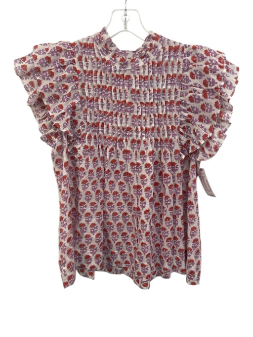 Oliphant Size S White, Red & Purple Cotton Pintuck Short Sleeve Printed Top White, Red & Purple / S